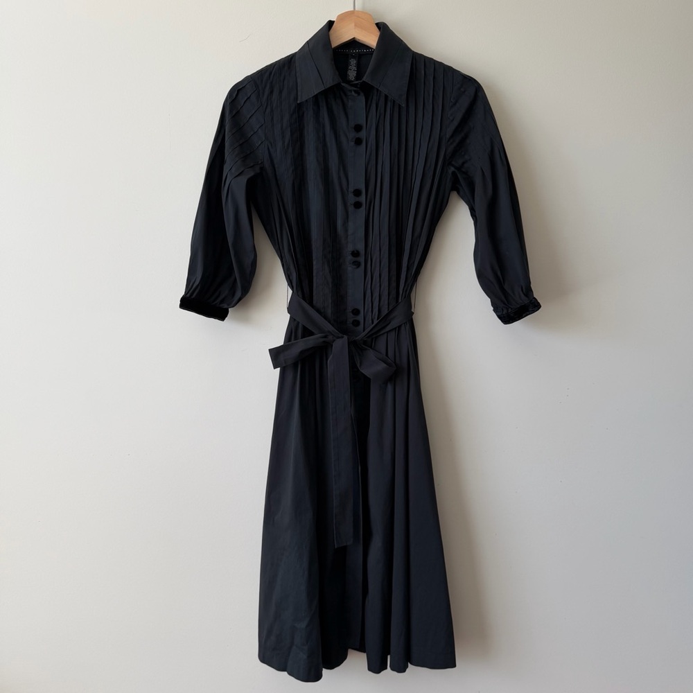 Robert Rodriguez Black Pintuck Midi Shirt Dress with Tie Waist